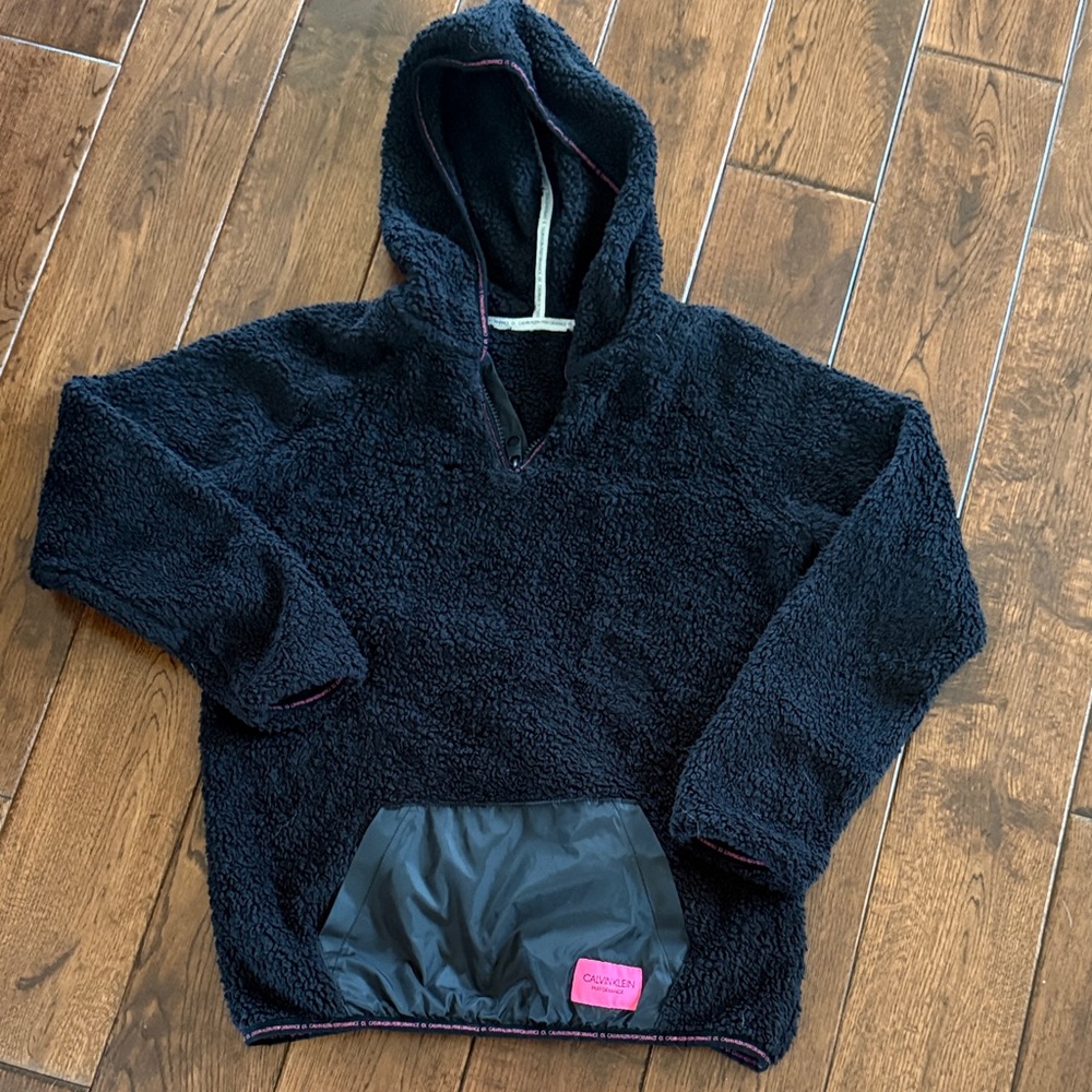 Calvin Klein Black Sherpa Hooded Pullover with Pink Accent